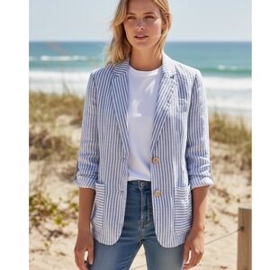 Tahari 100% Linen Blue And White Stiped Blazer Women's Size Medium